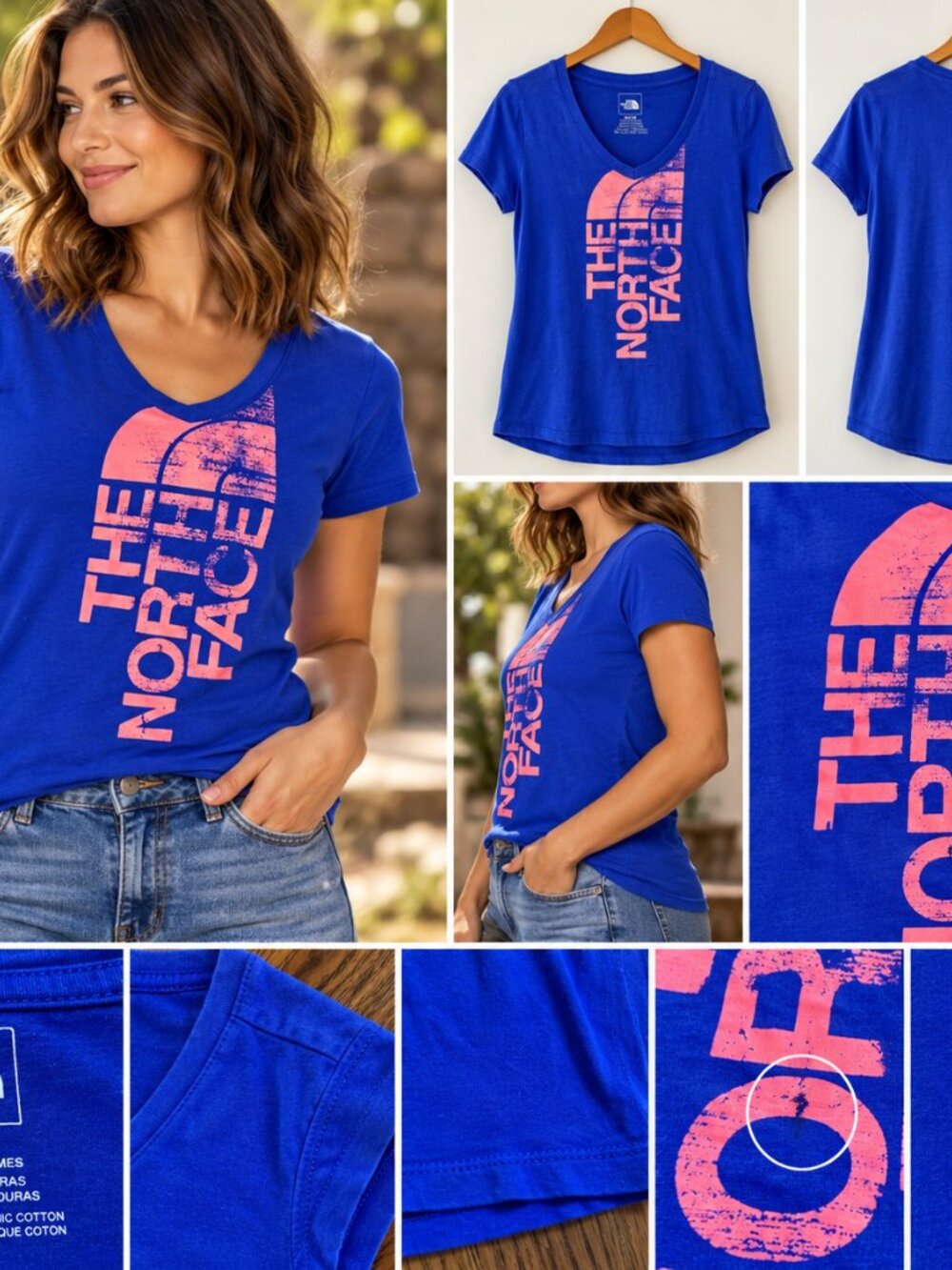 The North Face Women’s Medium Blue Pink Graphic V-Neck T-Shirt